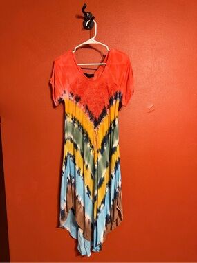 V-Neck Tie-Dye Maxi Dress in Coral, Yellow & Blue